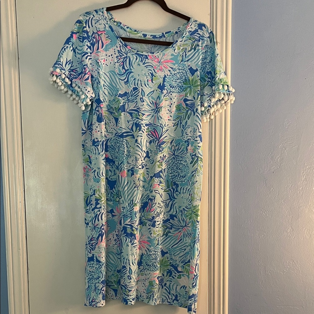 Lilly Pulitzer Blue and Pink Floral Top with Pom Poms